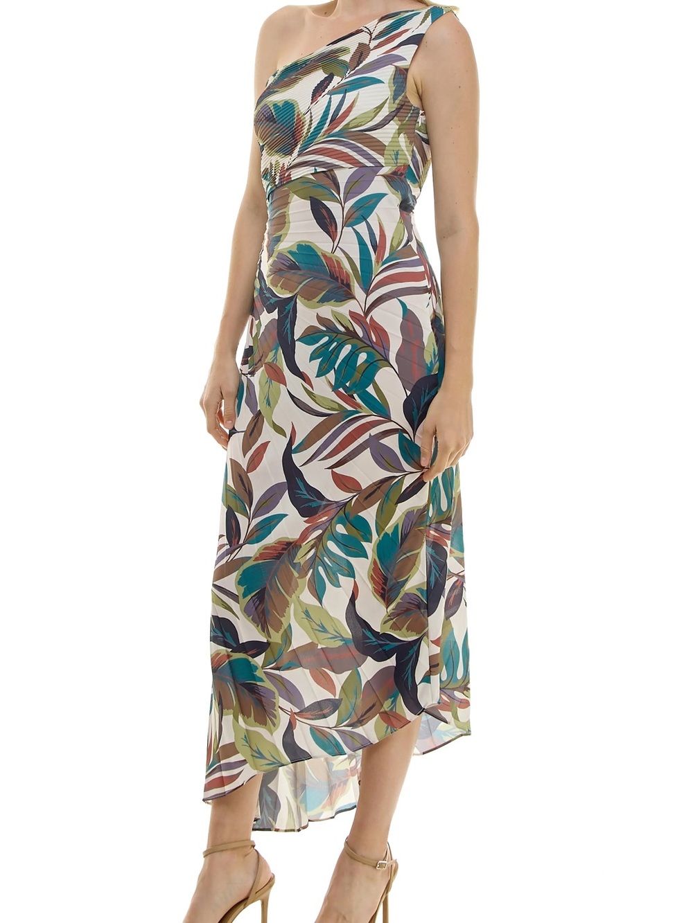 Nicole Miller One-Shoulder Leaf-Print Maxi Dress in Teal, Olive, Brown